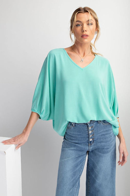 Easel Oversized Pleated V-Neck Dolman Top - Buttercup Lynne Boutique