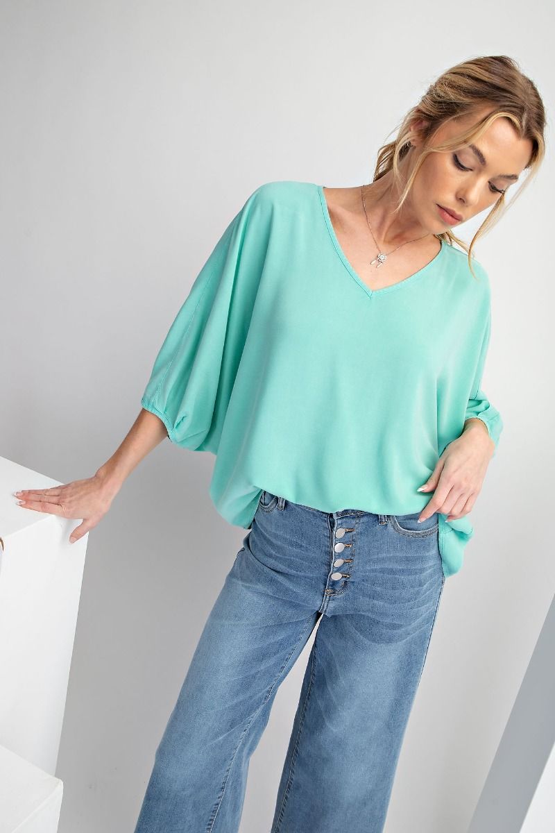 Easel Oversized Pleated V-Neck Dolman Top - Buttercup Lynne Boutique