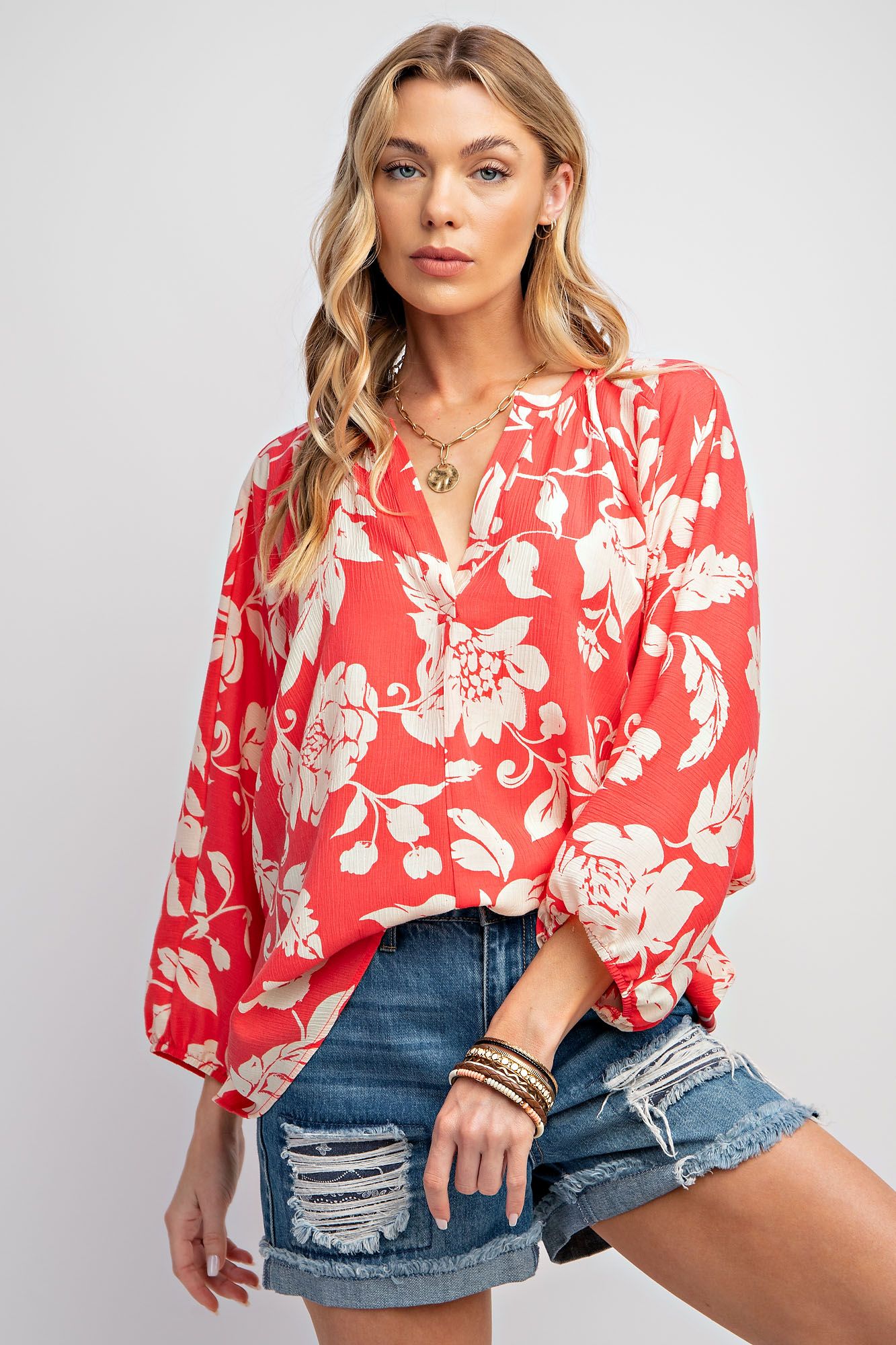 Printed Peach Blossom Woven V Neck Top - Dolman Sleeves Color - Coral