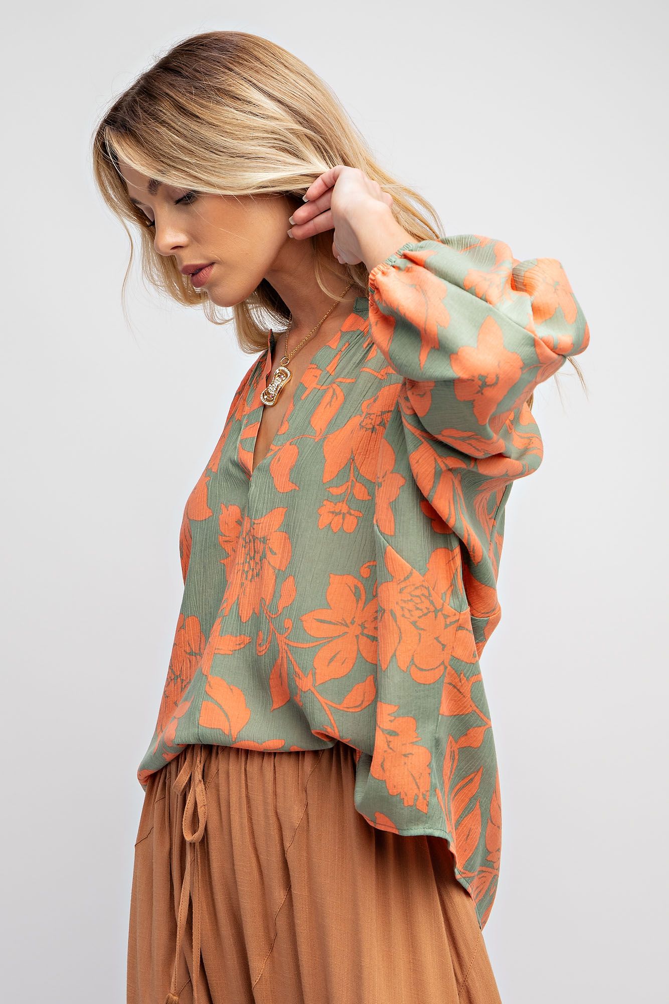 Printed Peach Blossom Woven V Neck Top - Dolman Sleeves  Color - Sage