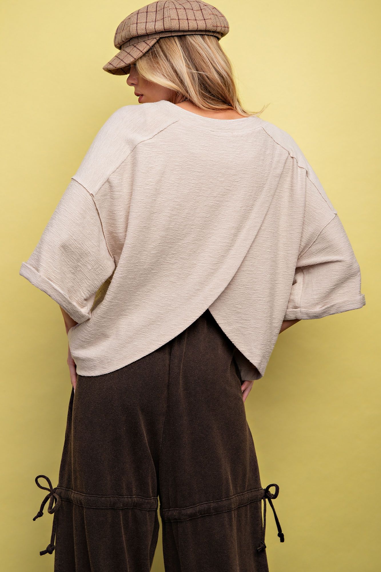 3/4 Sleeve Khaki Knit Crop Top - Back Wrap Detail