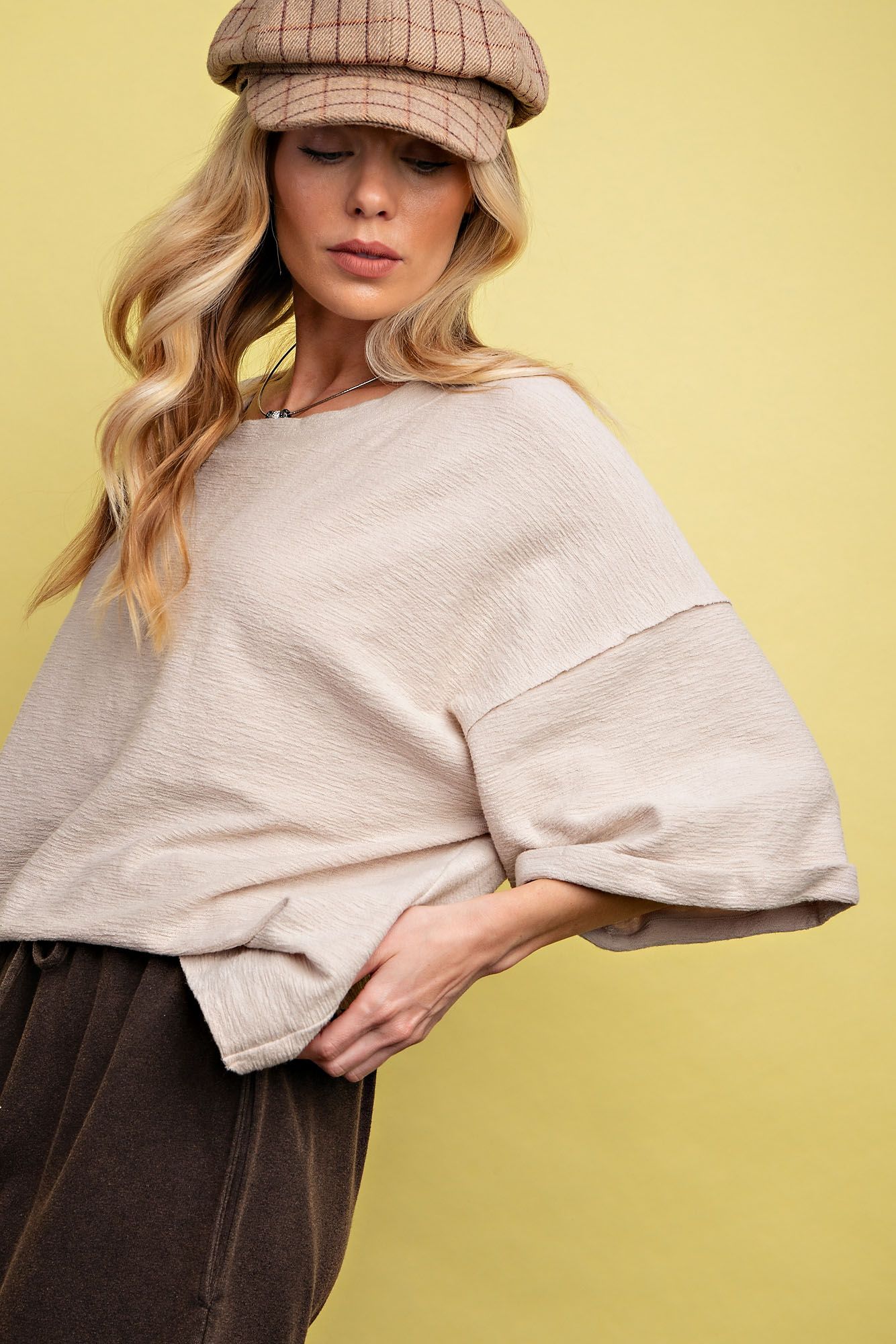 3/4 Sleeve Khaki Knit Crop Top - Back Wrap Detail