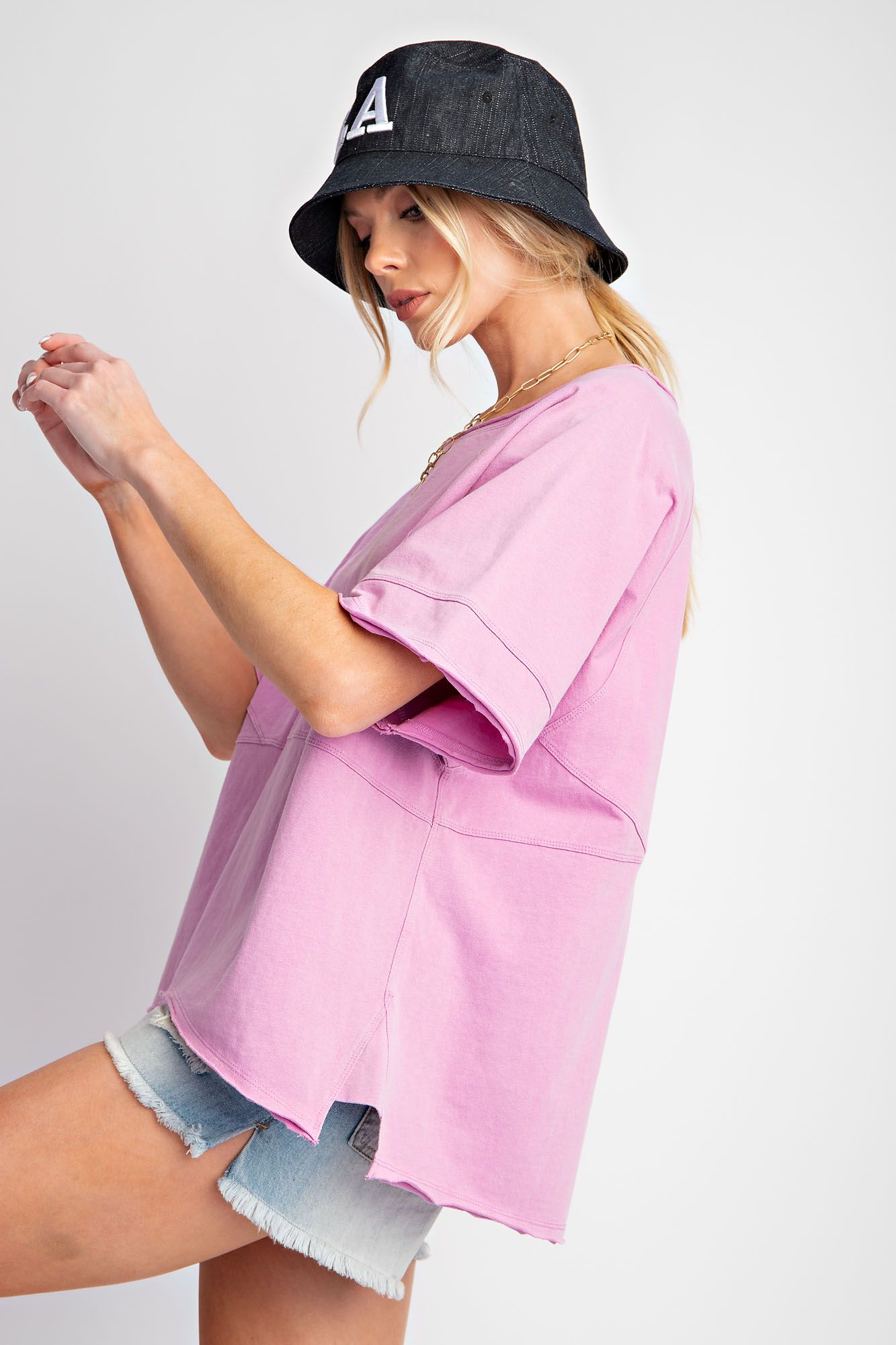 Short Sleeve Mineral Washed Jersey Top in Lilac Pink