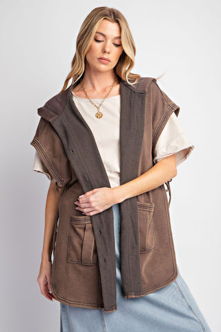 Button Down Mineral Washed Hooded Vest - Buttercup Lynne Boutique