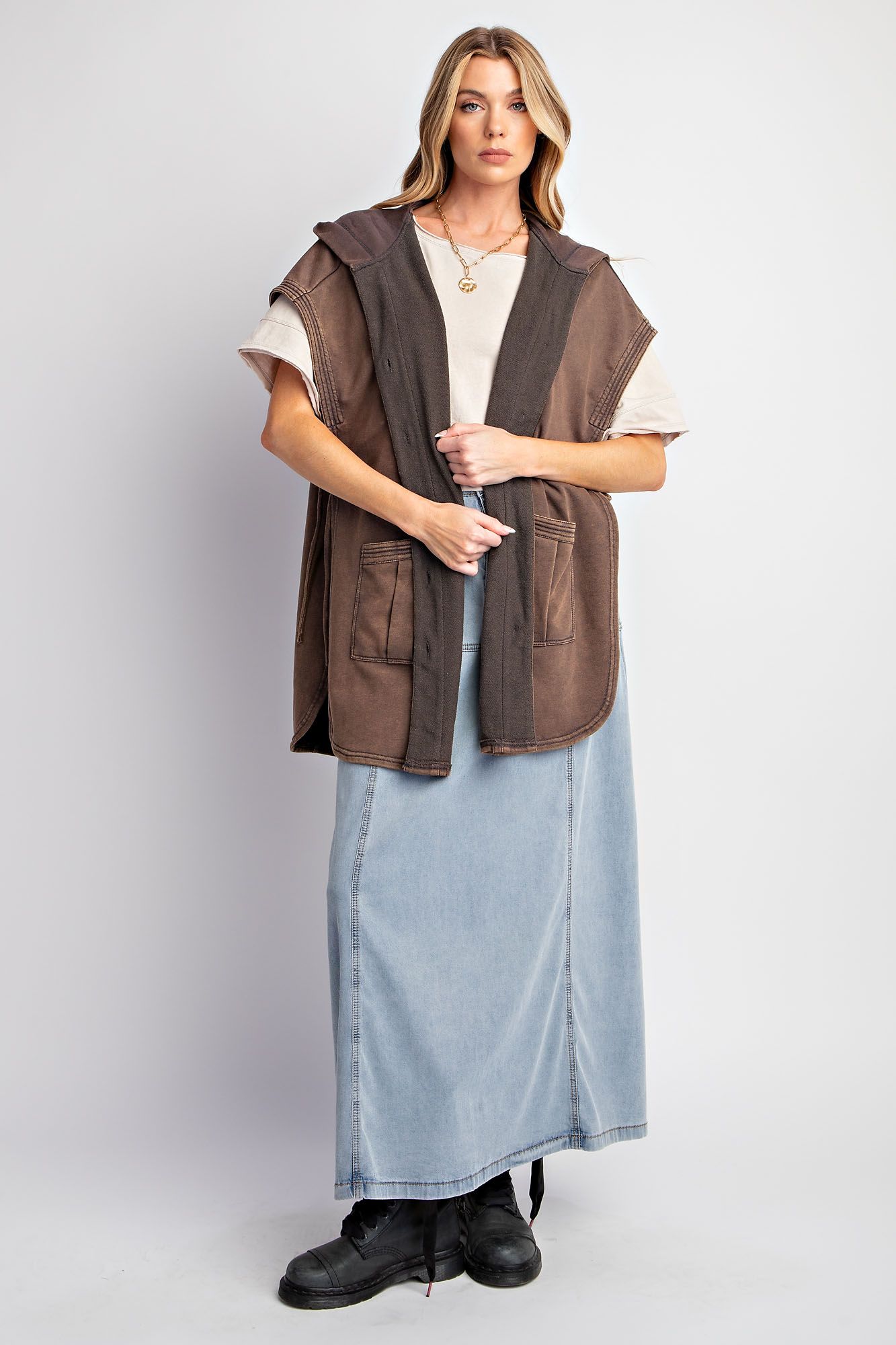 Button Down Mineral Washed Hooded Vest