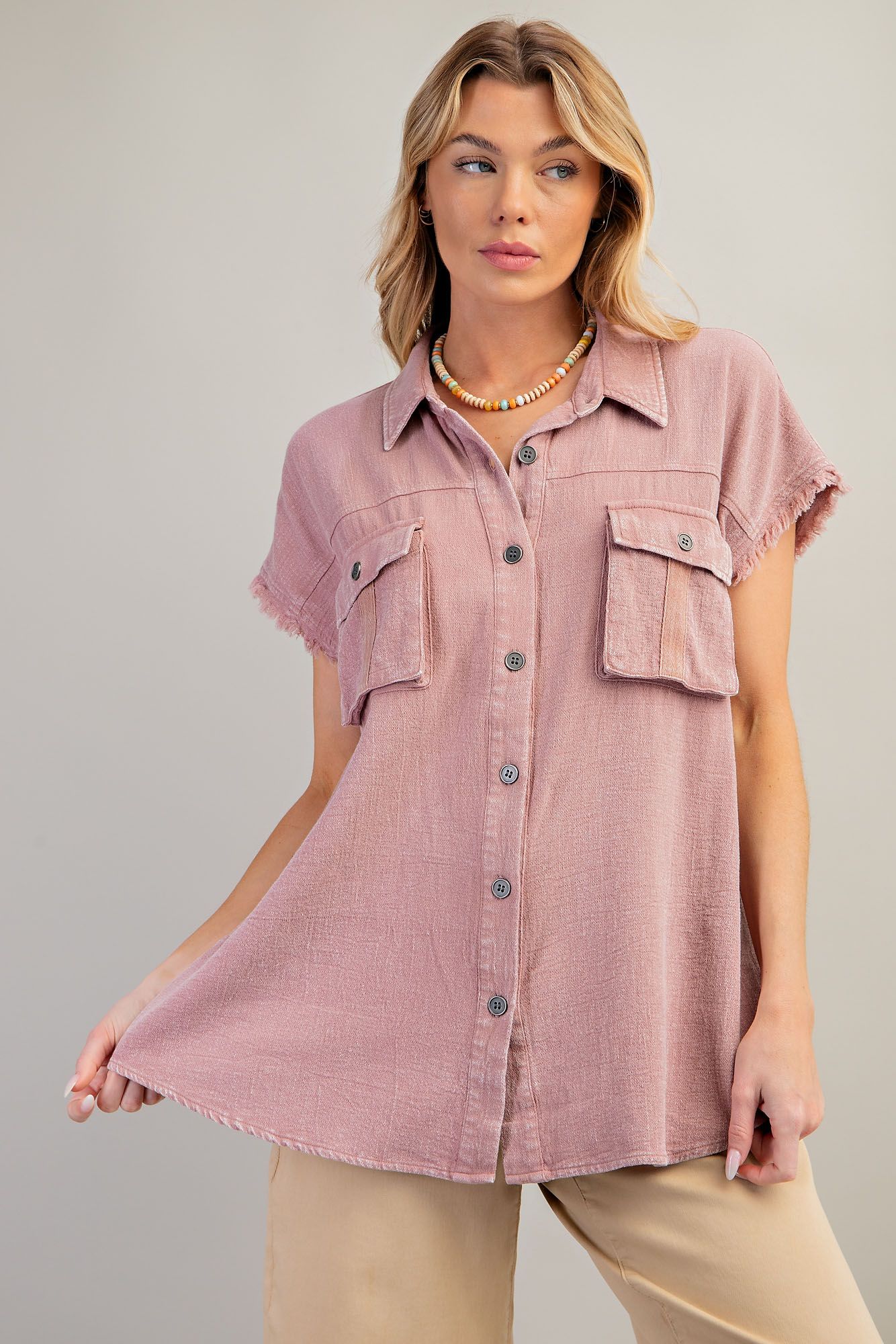 Raw Edge Cap Sleeve Mineral Washed Button Down Top - Dusty Rose