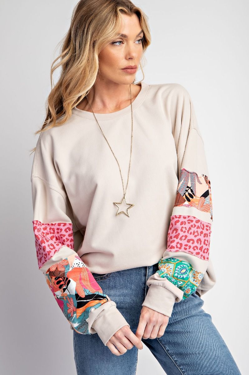 Terry Pullover - Mixed Print Sleeves - Boxy and Loose Fit - Plus