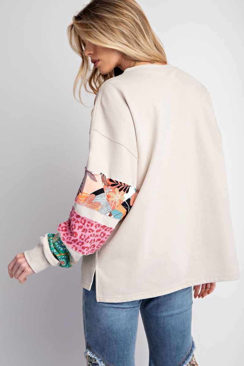 Terry Pullover - Mixed Print Sleeves - Boxy and Loose Fit - Plus