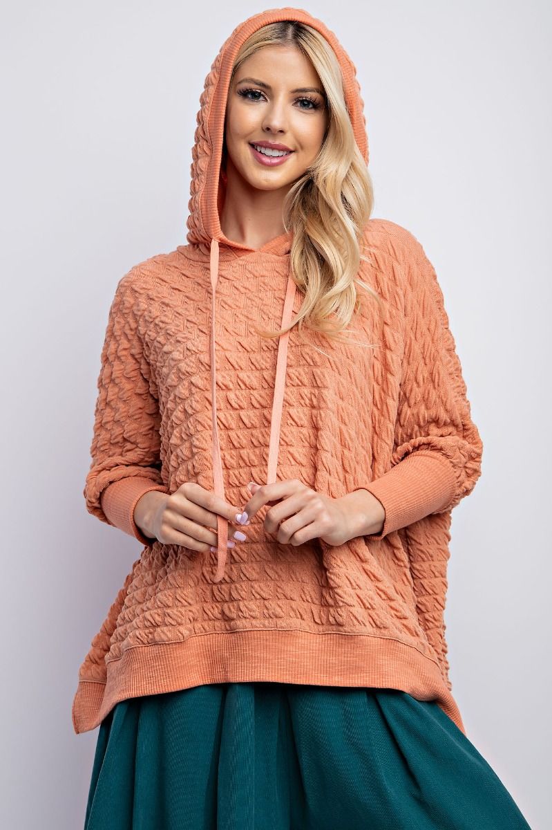 Knit Pullover Hoodie Apricot 3/4 Sleeve