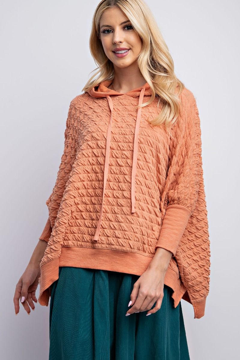 Knit Pullover Hoodie Apricot 3/4 Sleeve