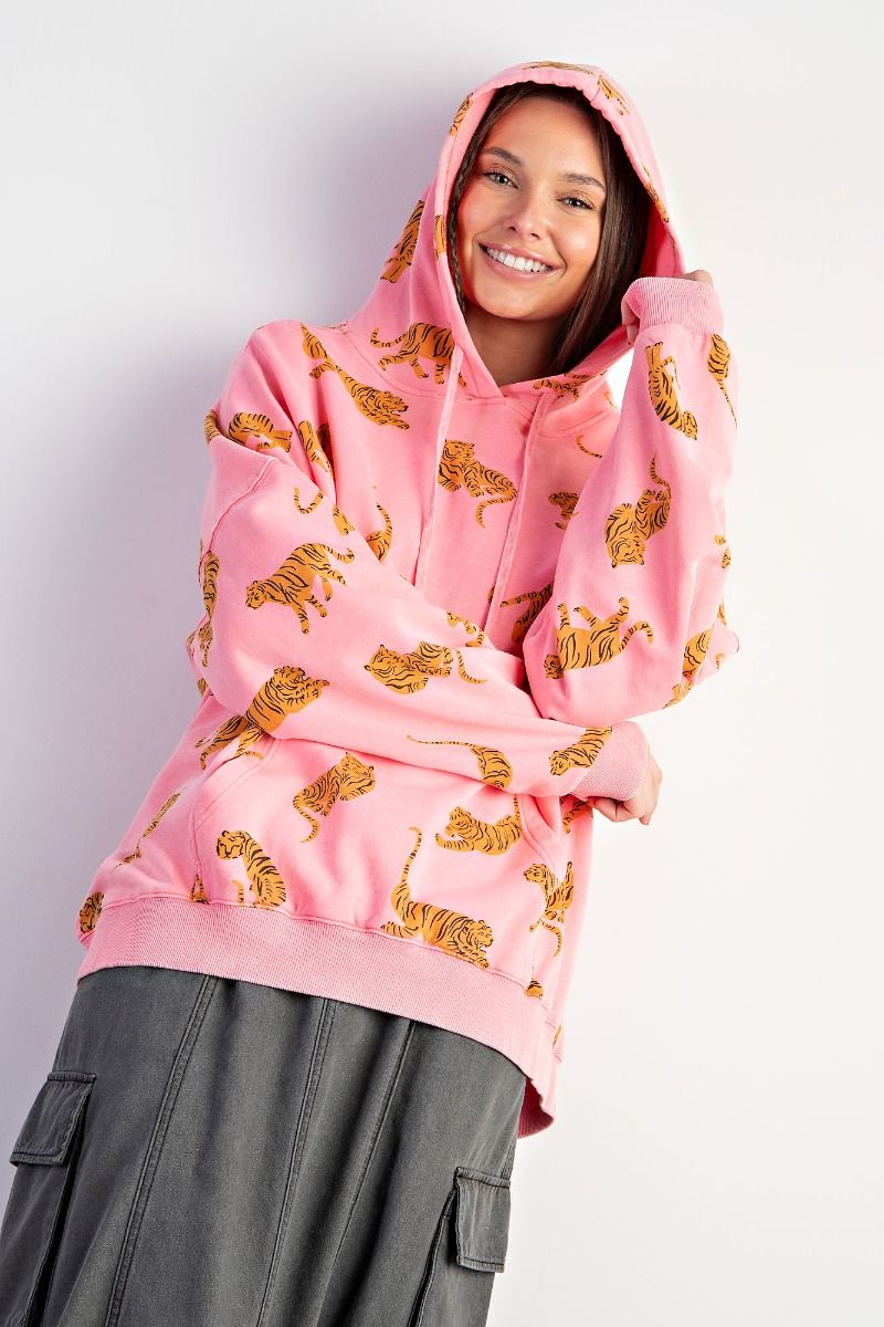 Tiger Pink Washed Terry Hoodie Pullover - Regular and Plus