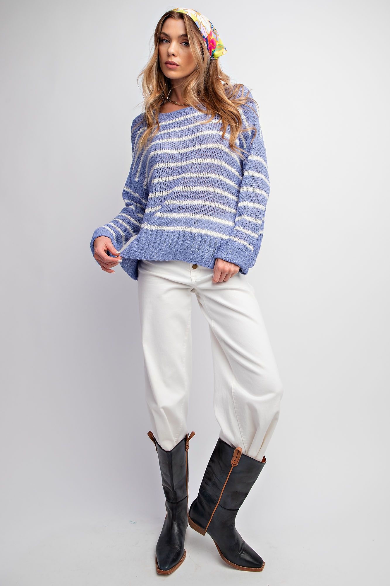 Knitted Sweater - Relaxed Fit - Periwinkle with White Stripes