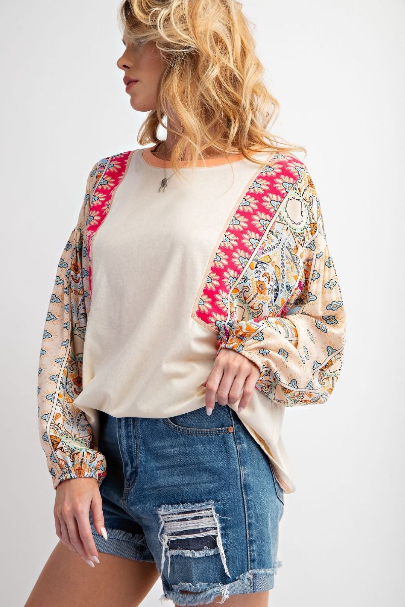 Beige Pink Print Mixed with Cotton Slub Knit Top - Plus