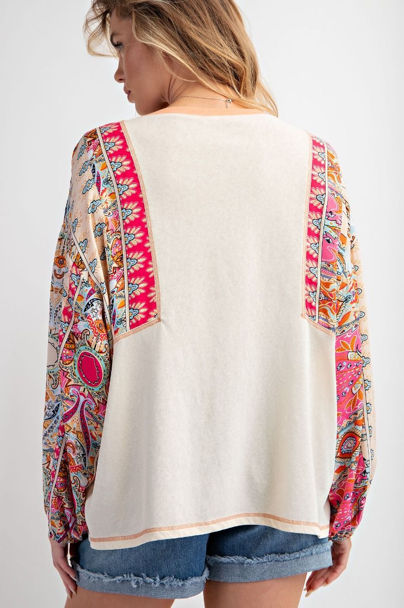 Beige Pink Print Mixed with Cotton Slub Knit Top - Plus