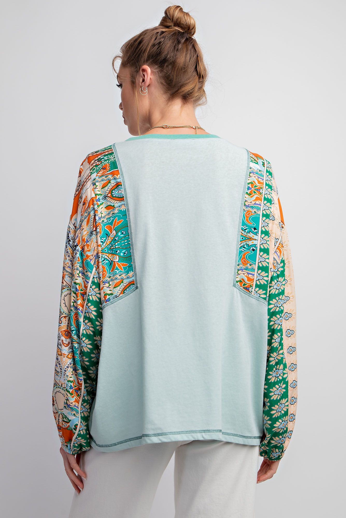 Sage Green Print Mixed with Cotton Slub Knit Top - Plus