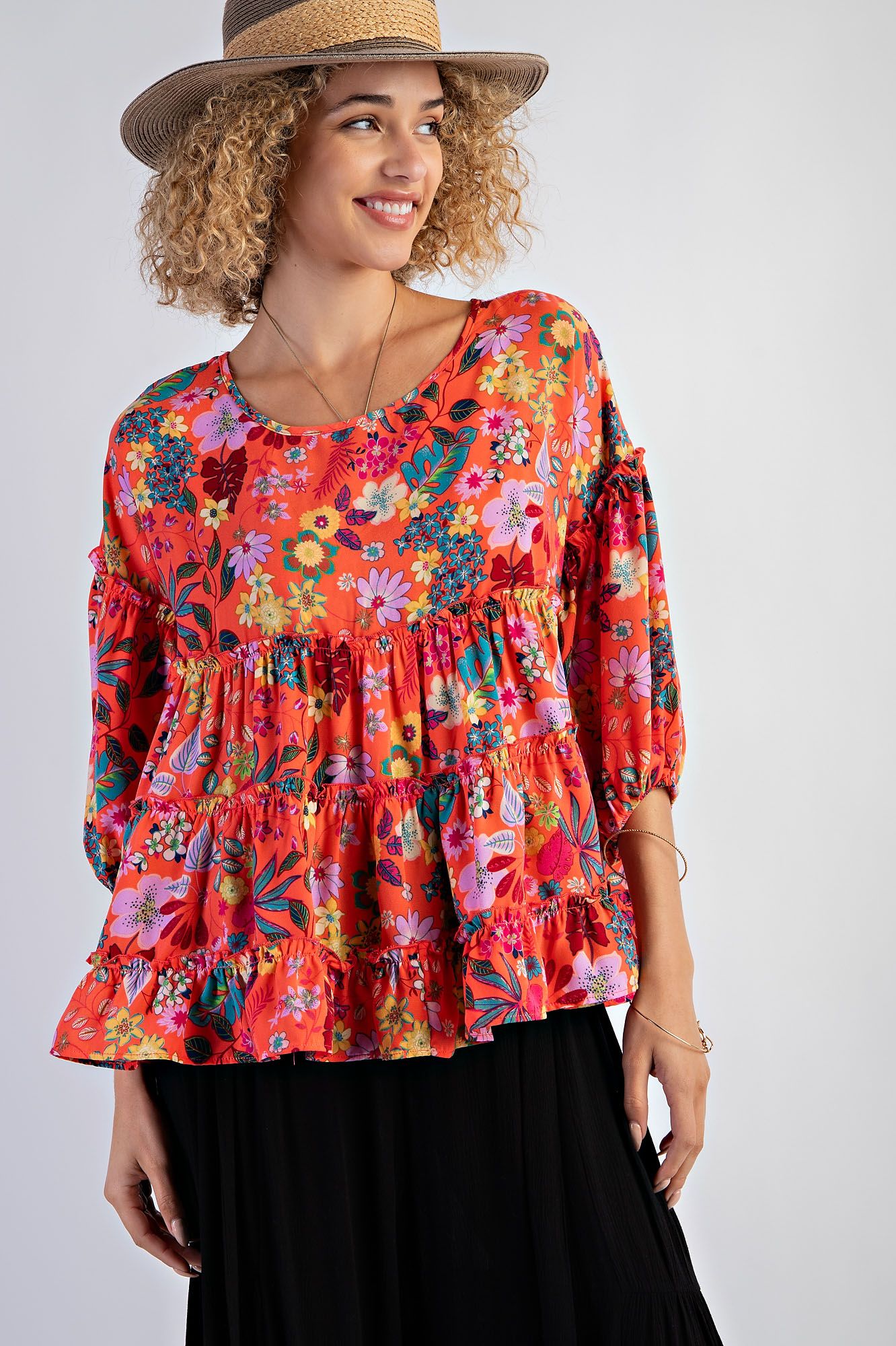 Tropical Coral Babydoll Top - Regular and Curvy