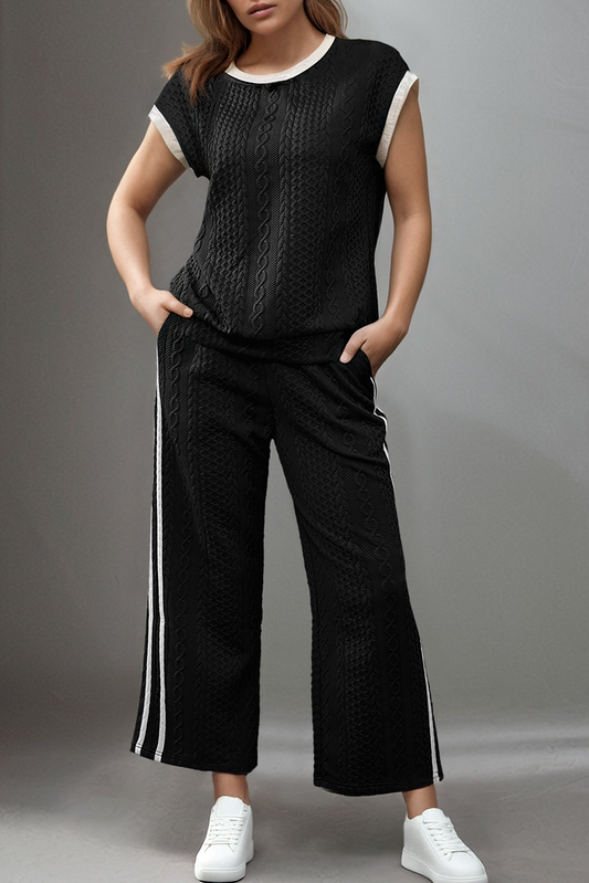 Cable Knit Contrast Trim Short Sleeve Top and Pants Set - Buttercup Lynne Boutique