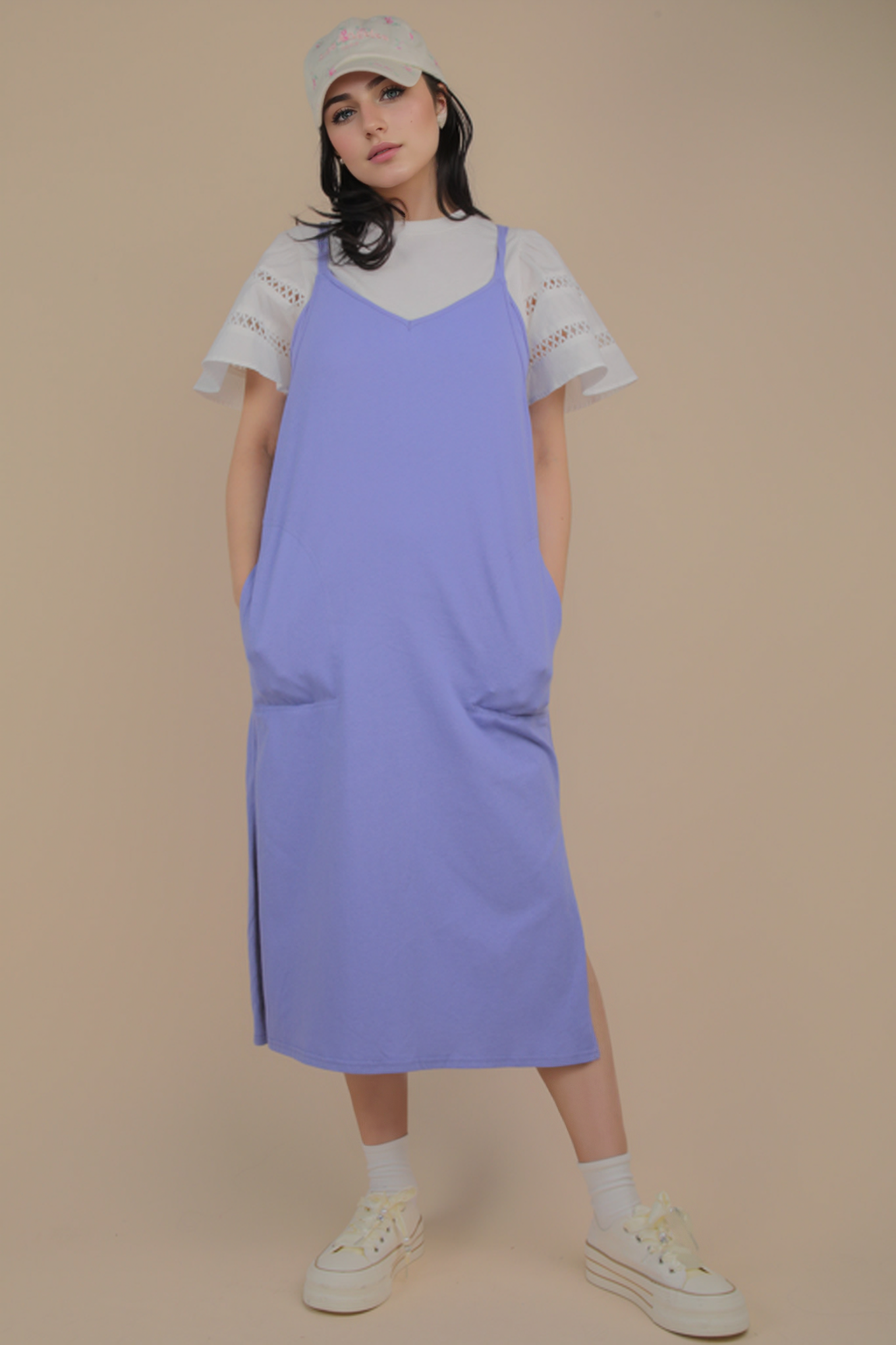 ND31605-V-Neck Sleeveless Casual Comfy Midi Dress - Buttercup Lynne Boutique