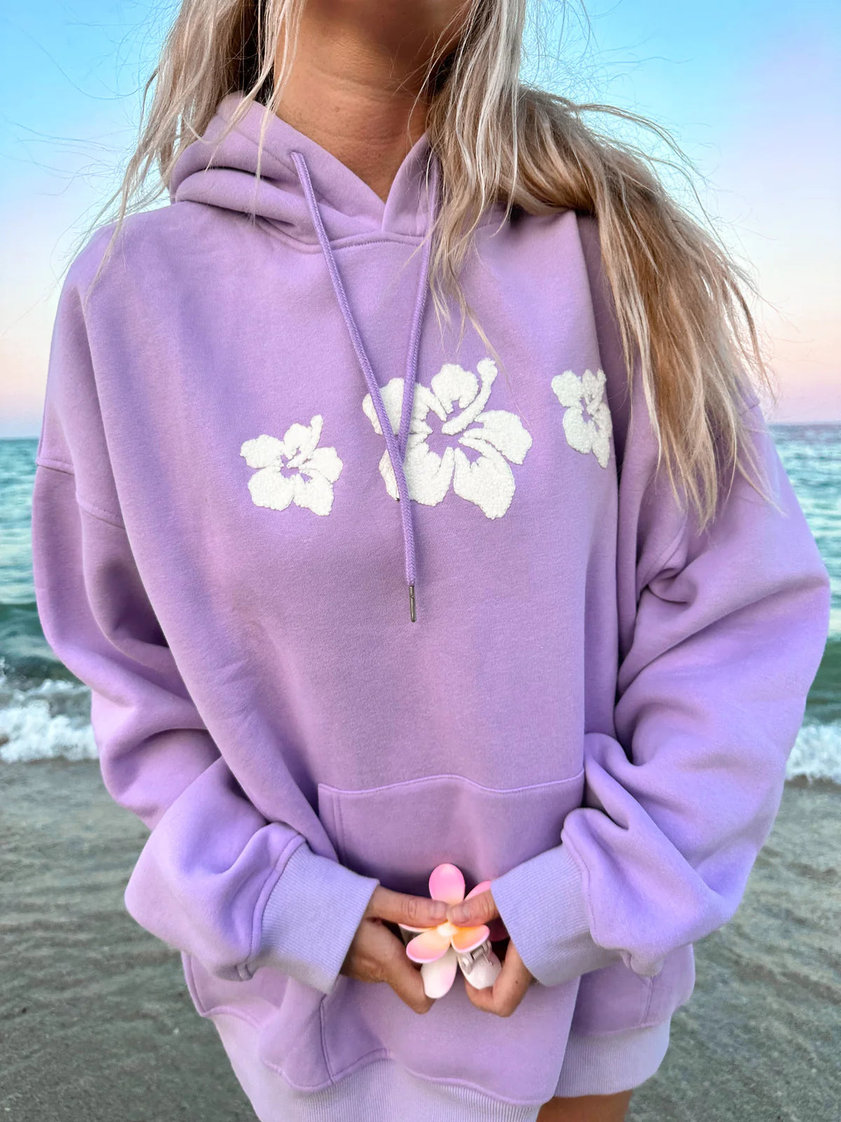 Sherpa Hibiscus Flower Hoodie - Violet Purple