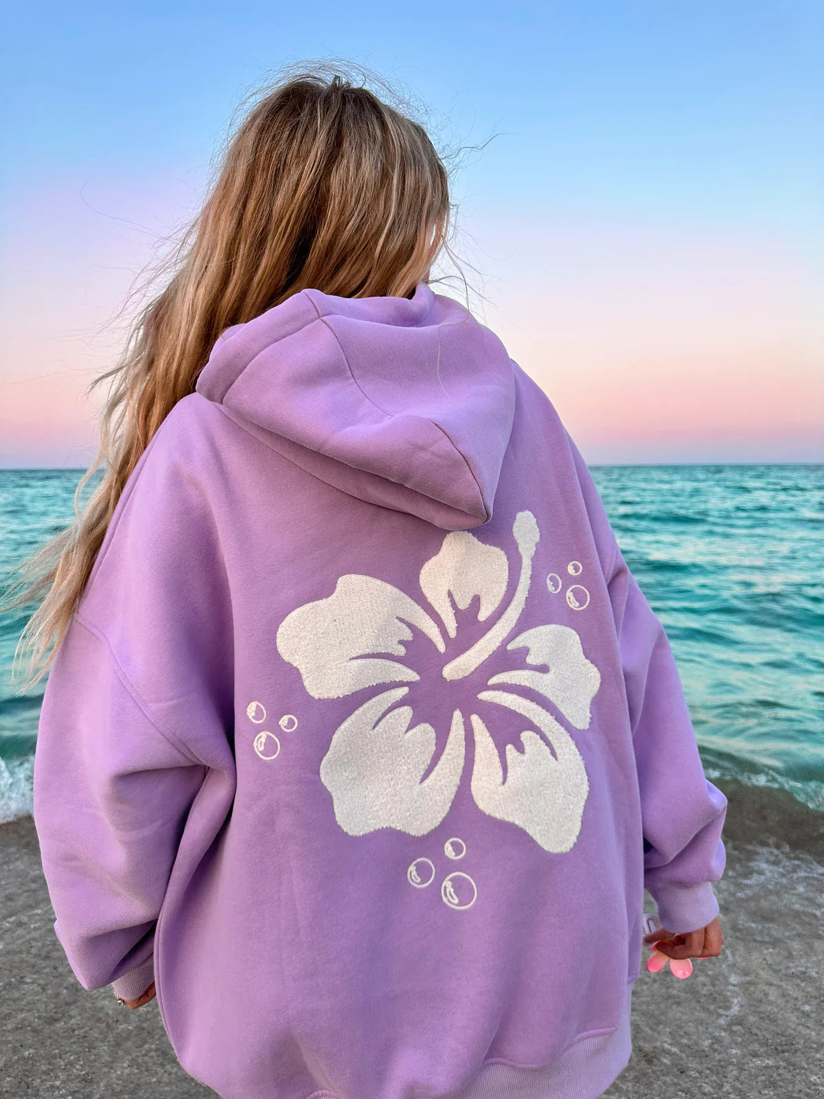 Sherpa Hibiscus Flower Hoodie - Violet Purple