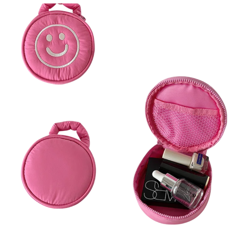 Cosmetic Puffer Bag Happy Face - Pink Lavender Lime Aqua