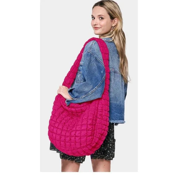 Quilted Puffer Shoulder/Crossbody Bag - Fuchsia