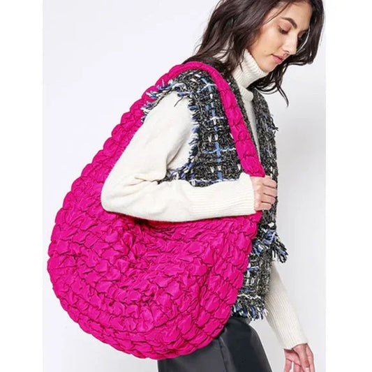 Quilted Puffer Shoulder/Crossbody Bag - Fuchsia