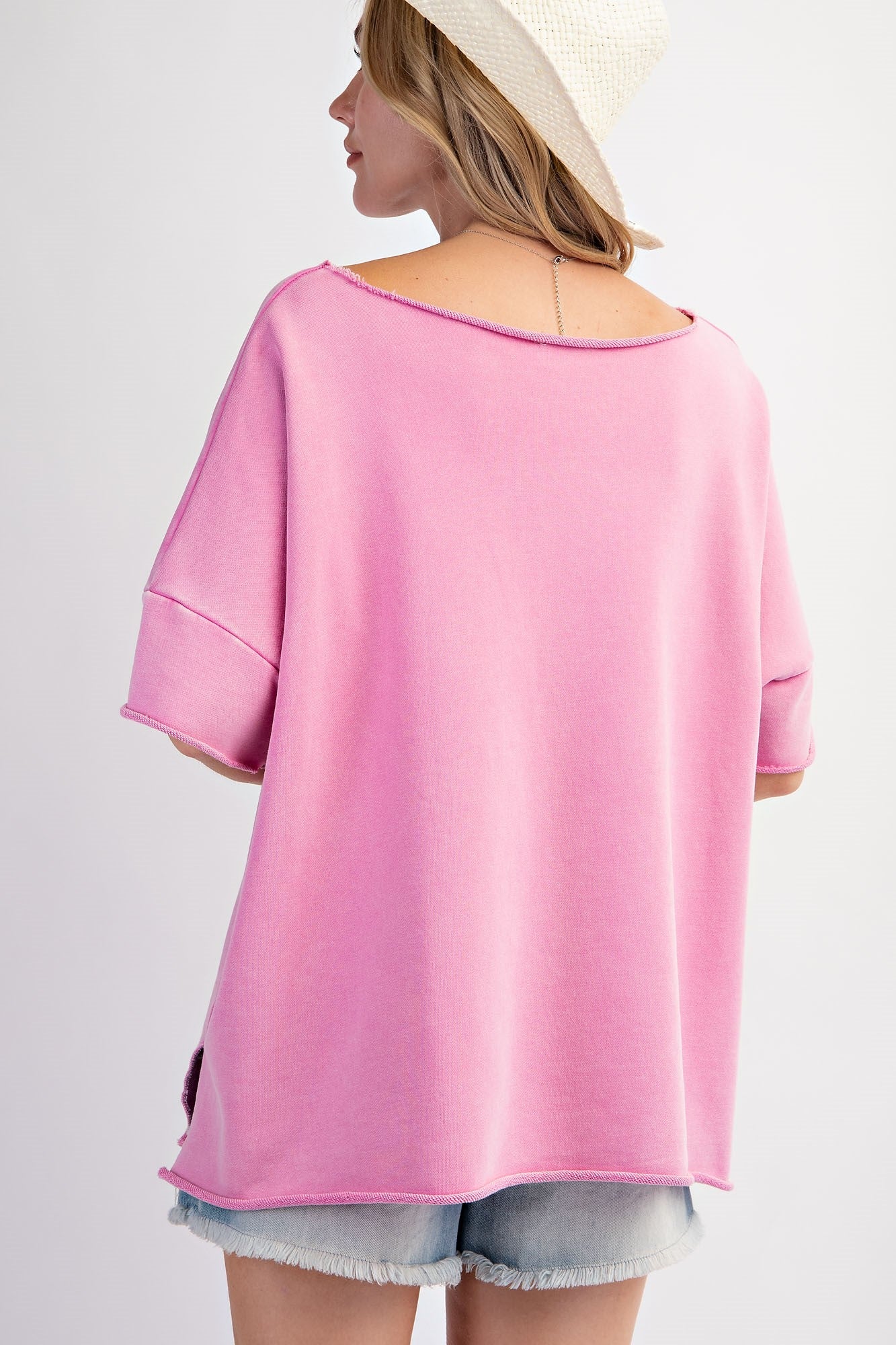 Terry Knit Short Sleeve Acid Wash Top - Malibu Pink