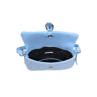 Light blue denim crossbody bag with woven texture, open flap showing black interior