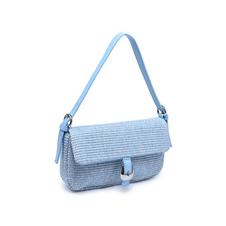 Light blue woven straw shoulder bag with flap closure and adjustable strap