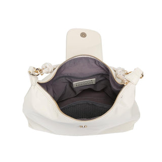 Urban Expressions Nova cream handbag open showing interior compartments and gray lining