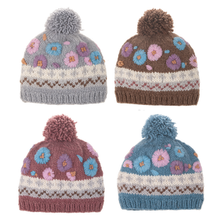 Meadow Blooms Embroidered Pom Pom Beanie