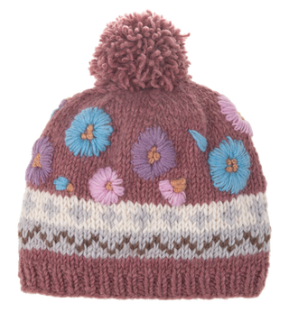Meadow Blooms Embroidered Pom Pom Beanie