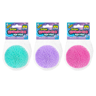 Three Orb Sugar Smooshies Softees in teal, purple and pink colors with packaging