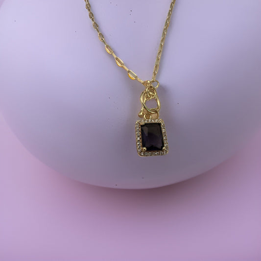 Purple Pave Framed Pendant Necklace Paperclip Chain