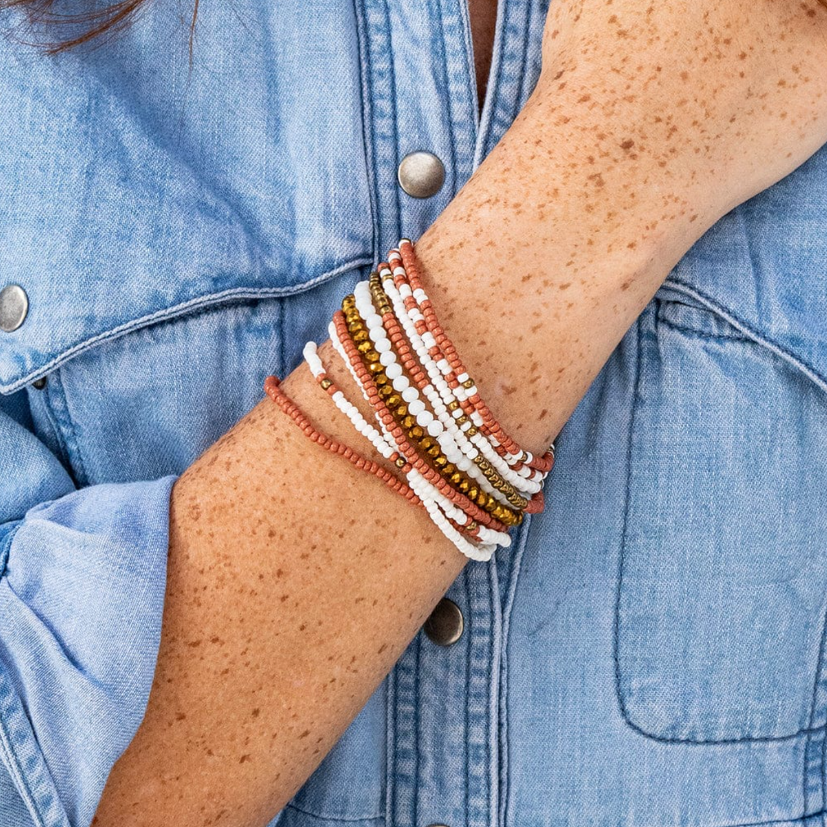Sage Mixed Stripe Beaded Stretch Bracelets - Buttercup Lynne Boutique