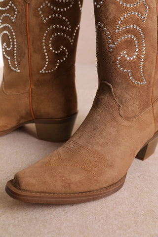 MiiM Sierra tan suede cowboy boots with silver studded scroll embroidery details