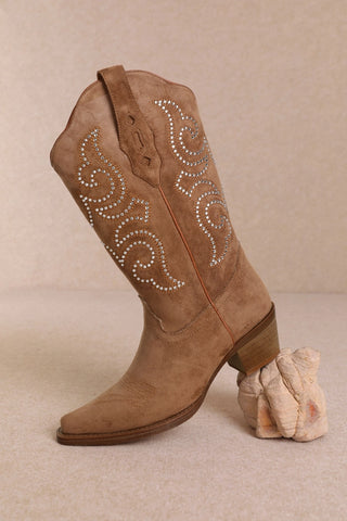 MiiM Sierra tan suede cowboy boots with rhinestone scroll embellishments and stacked heel