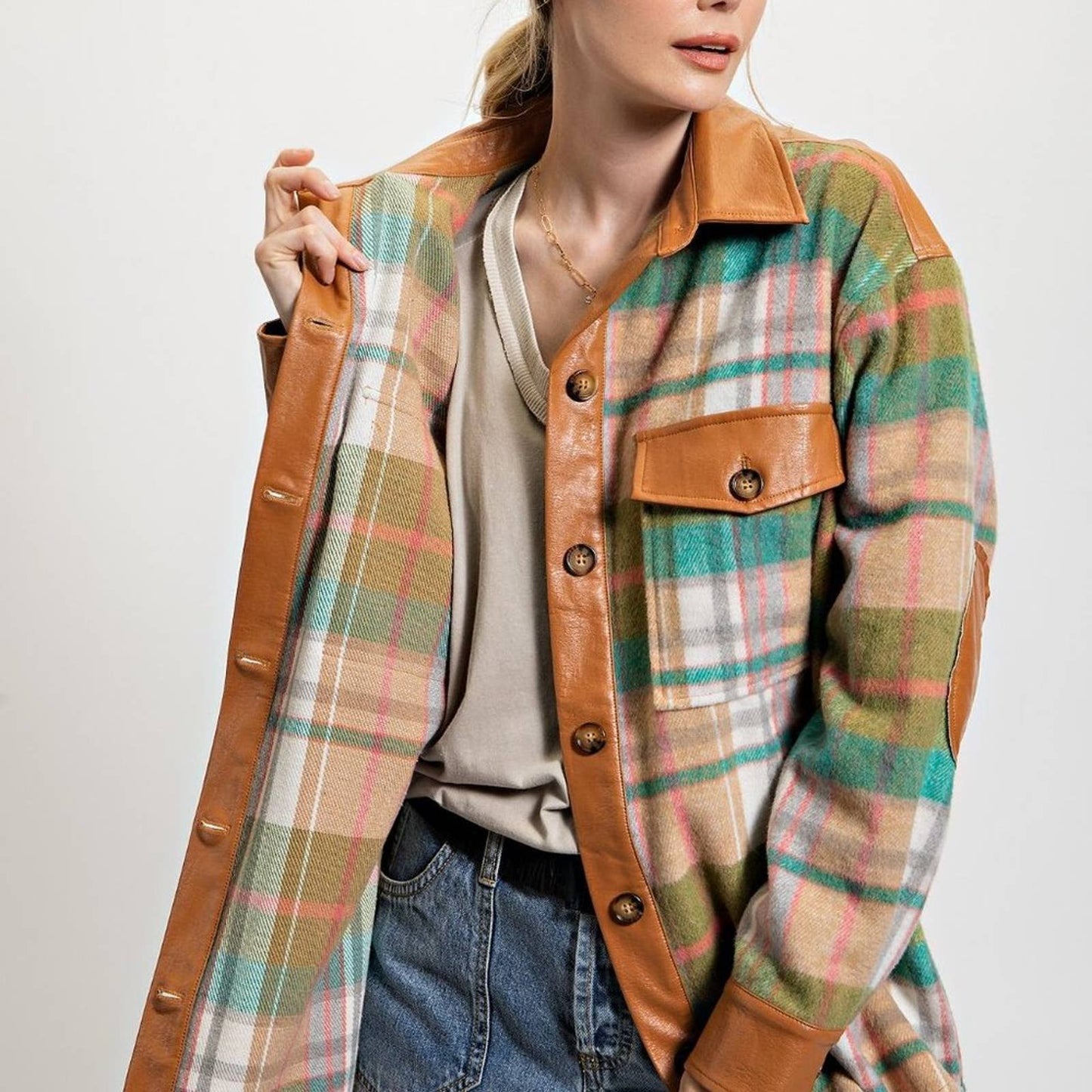 Plaid Button Down Shacket - Green - Brown