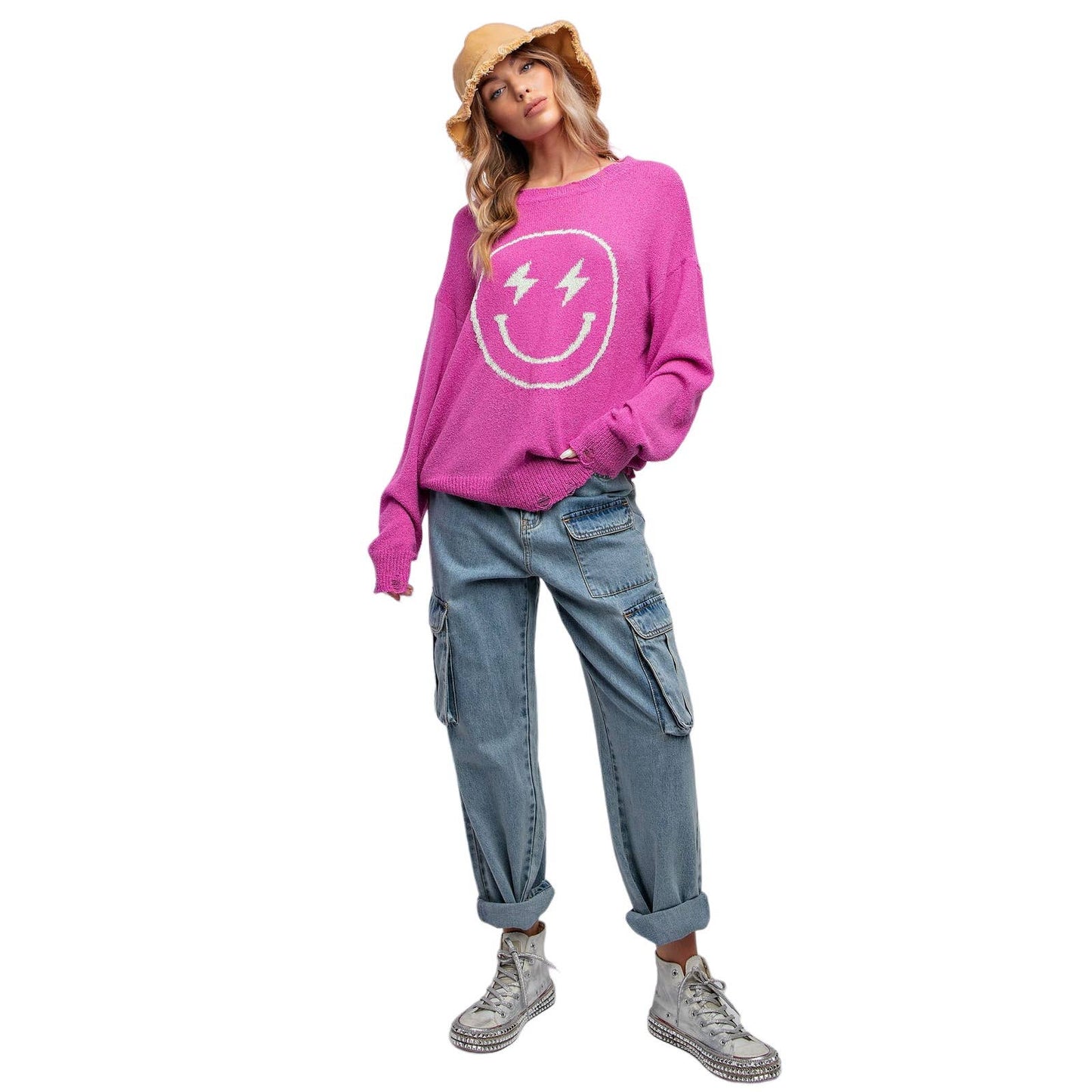 Smiley Face Knitted Sweater Relaxed Loose Fit - Regular and Plus