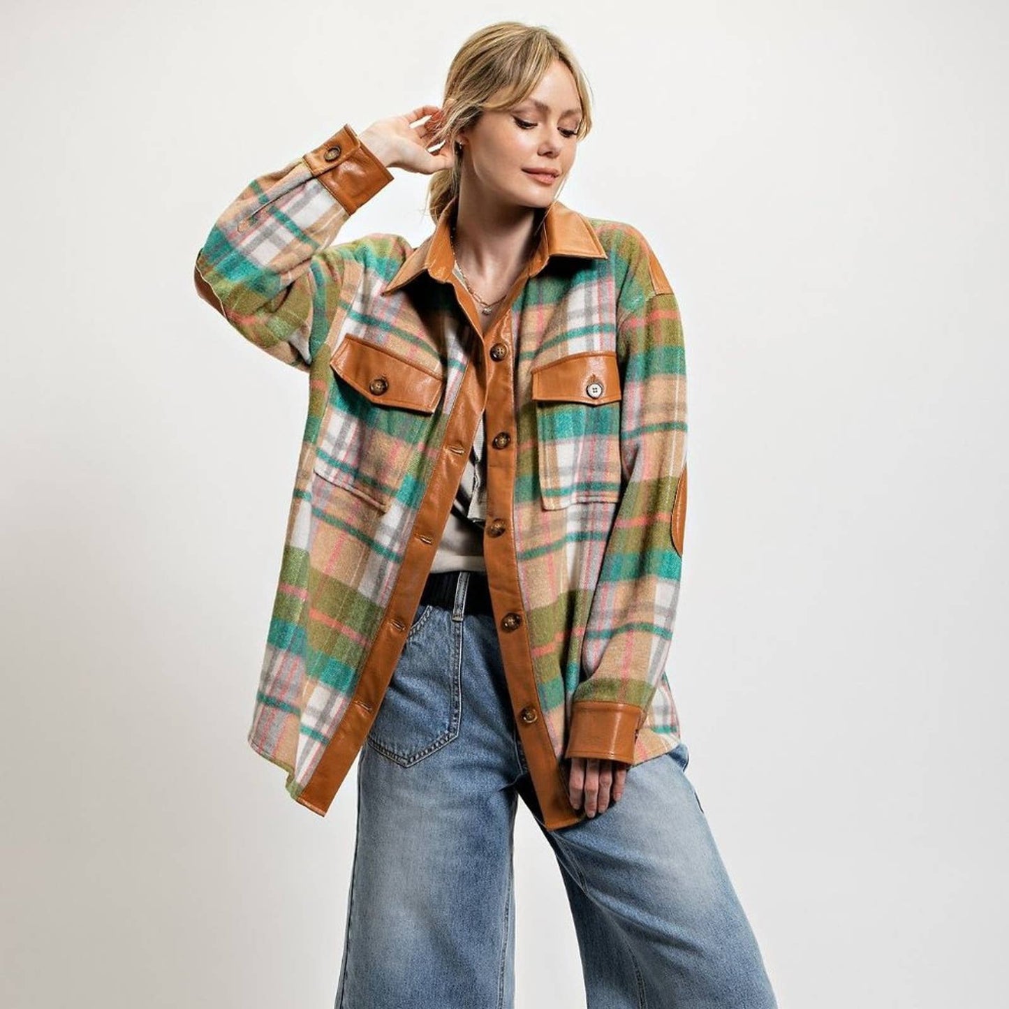 Plaid Button Down Shacket - Green - Brown