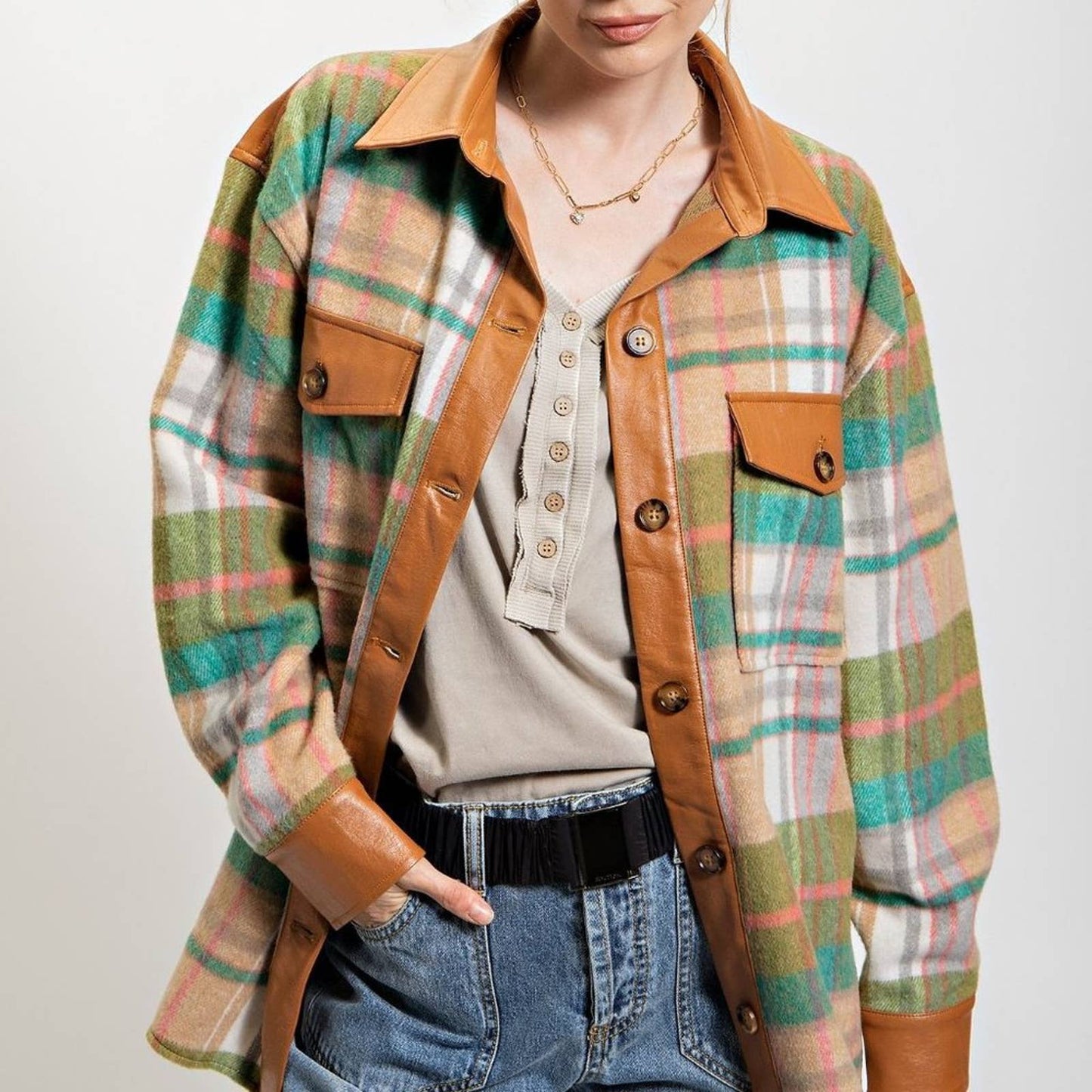 Plaid Button Down Shacket - Green - Brown