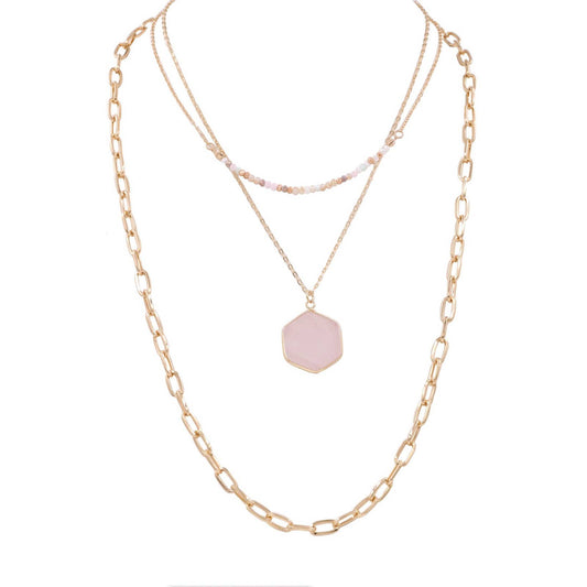 Layered Necklace 3 Piece Set Hexagon Pendant Pink Gold