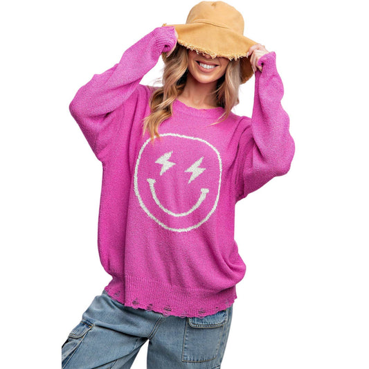 Smiley Face Knitted Sweater Relaxed Loose Fit - Regular and Plus